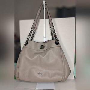 Coach Edie 36855 Pebble Leather Turnlock Chain Shoulder Bag Taupe Large Hobo